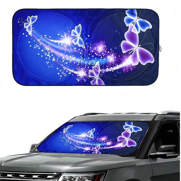 1 pieza Parasol frontal de coche con diseño de mariposa púrpura, parasol para parabrisas de coche, parasol de coche 2025, adecuado para ventana delantera, decoración interior de coche divertida, parasol, protección UV, plegable 240T para mantener tu vehículo fresco