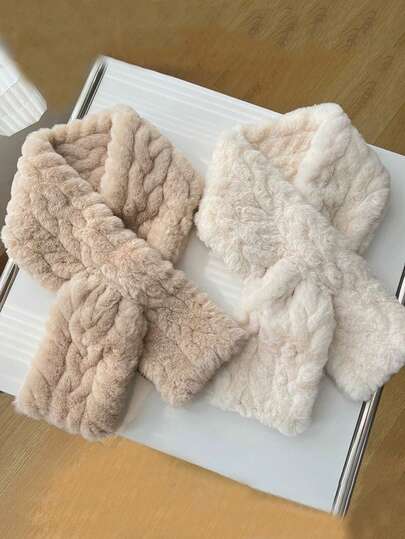 1PC Women Fashion Soft Faux Fur Cross Scarf Wrap Collar Wool Thickened Scarf Bandana Girl Versatile Casual Autumn And Winter Warm Neck Scarf Suitable For Daily Matching