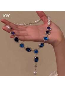Pearl Blue  Necklace Women Vintage Light Luxury Elegant Collarbone Chain Runaway Princess Niche Design Sense Choker - Dây chuyền ngọc trai Zircon xanh R-Heavy Industry - Xem 2