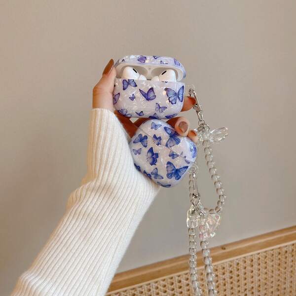Muschel-blauer Schmetterling Kopfhörer-Etui geeignet für AirPods Pro 2/Pro/4/3/2, modisches Kopfhörer-Etui für Frauen