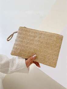 1 geantă elegantă de damă din paie țesută, cu închidere cu fermoar, poșetă în stil boho pentru plajă de vară, capacitate mare, perfectă pentru plajă sau ieșiri casual, pentru telefon, monede, depozitare chei