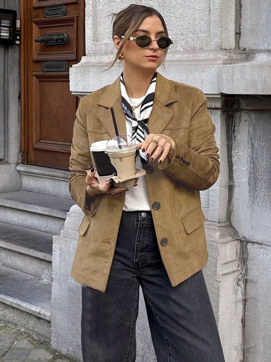 Jacke für Frauen, Vintage Frühlingsjacke mit Kragen, Tasche, Langarm, Einreiher, braune Anzugjacke, Blazer-Mantel, Damen Old Money Style Oberbekleidung
