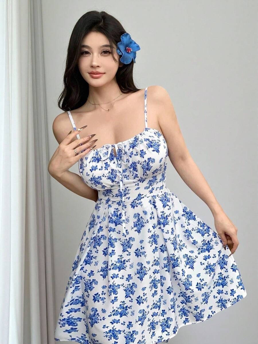 Women's Floral Suspender Short Dress, Suitable For Play Dress, Beach Dress, Picnic Dress, Daily Dress