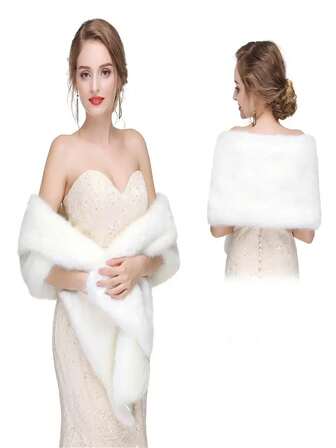 1PC Women's Faux Fur Shawl Wrap Cape For Bridal Wedding Party Blue Artificial Wool