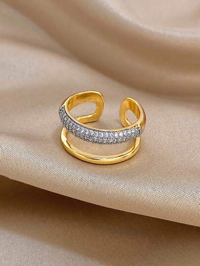 1 件奢华双色开口戒指，适合女士女孩 - 18K 镀金不锈钢半光滑和半 CZ 钻石，可调节可堆叠个性妈妈礼物圣诞节感恩节万圣节婚礼狂欢/舞会/派对/日常配饰周年纪念礼物情人节波西米亚珠宝生日伴娘礼物
