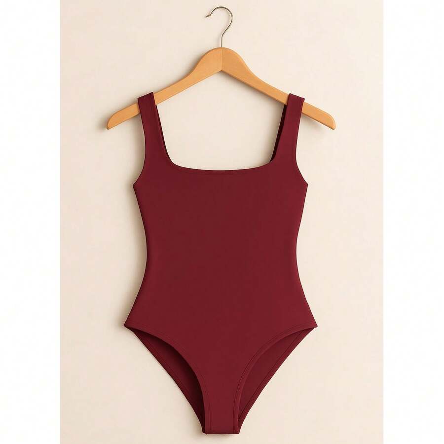 Women's Bori Bodysuit Square Neck Tank Top Thick Strap Basic Casual Blogger Suplex Various Colors Spring Summer - 酒紅色 - 查看 1