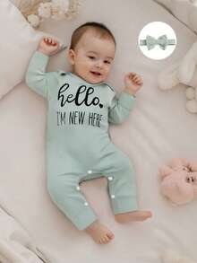 Newborn Baby Girls Rompers Knit Round Neck Long Sleeve Infant Fall Jumpsuits With Headband Coming Home Outfit - 綠色 - 查看 4