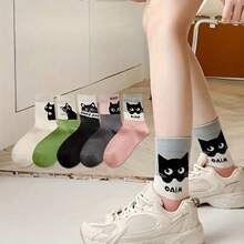 5 pares de calcetines de gato de dibujos animados - Calcetines tipo tripulación de estilo universitario lindos, calcetines de mujer hasta la rodilla y transparentes, versátiles para estar en casa o hacer deporte, agregan un toque festivo a las fiestas, regalo único para amigos y familiares, diseño cómodo para todas las estaciones con tela transpirable