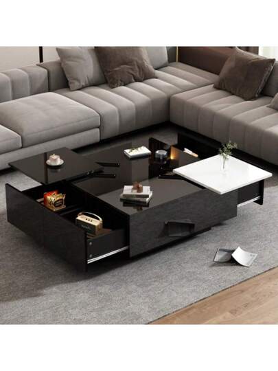 Moderne High Gloss Zwart Square Coffee Tafel Shelves (75 75 33.5 Cm), Small Sliding Tabletop In Contrasting White, Max. Load Capacity 30 Kg