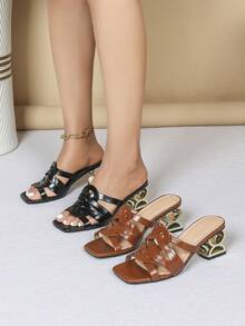 Sandálias Trançadas Marrons Elegantes para Mulheres - Mulas com Salto Dourado Geométrico - Bico Quadrado - Adequadas para Festa e Uso Diário, Chinelos de Salto Alto para Senhoras - Castanho - Visão 1