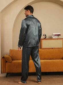 2pcs Men's Satin Button-Up Geometric Plaid Pajama Set, Long Sleeve Shirt And Pants Loungewear, Winter Clothes - Blue - View 5