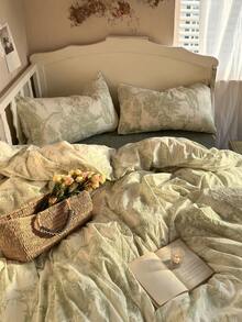 4 piezas Juego de ropa de cama floral vintage, ropa de cama suave y cómoda para el dormitorio, patrón verde lindo de flores y plantas, transpirable y suave para todas las estaciones, incluye 1 funda nórdica, 1 sábana plana, 2 fundas de almohada, sin relleno, adecuado para dormitorio, dormitorio, uso doméstico, disponible en varios tamaños