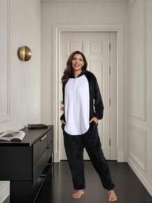 Unisex Adult Animal Oneise Paiamas,Mens Womens Flannel Hooded Halloween Cosplay Costume/ Homewear/Sleepweal - 黑與白 - 查看 4