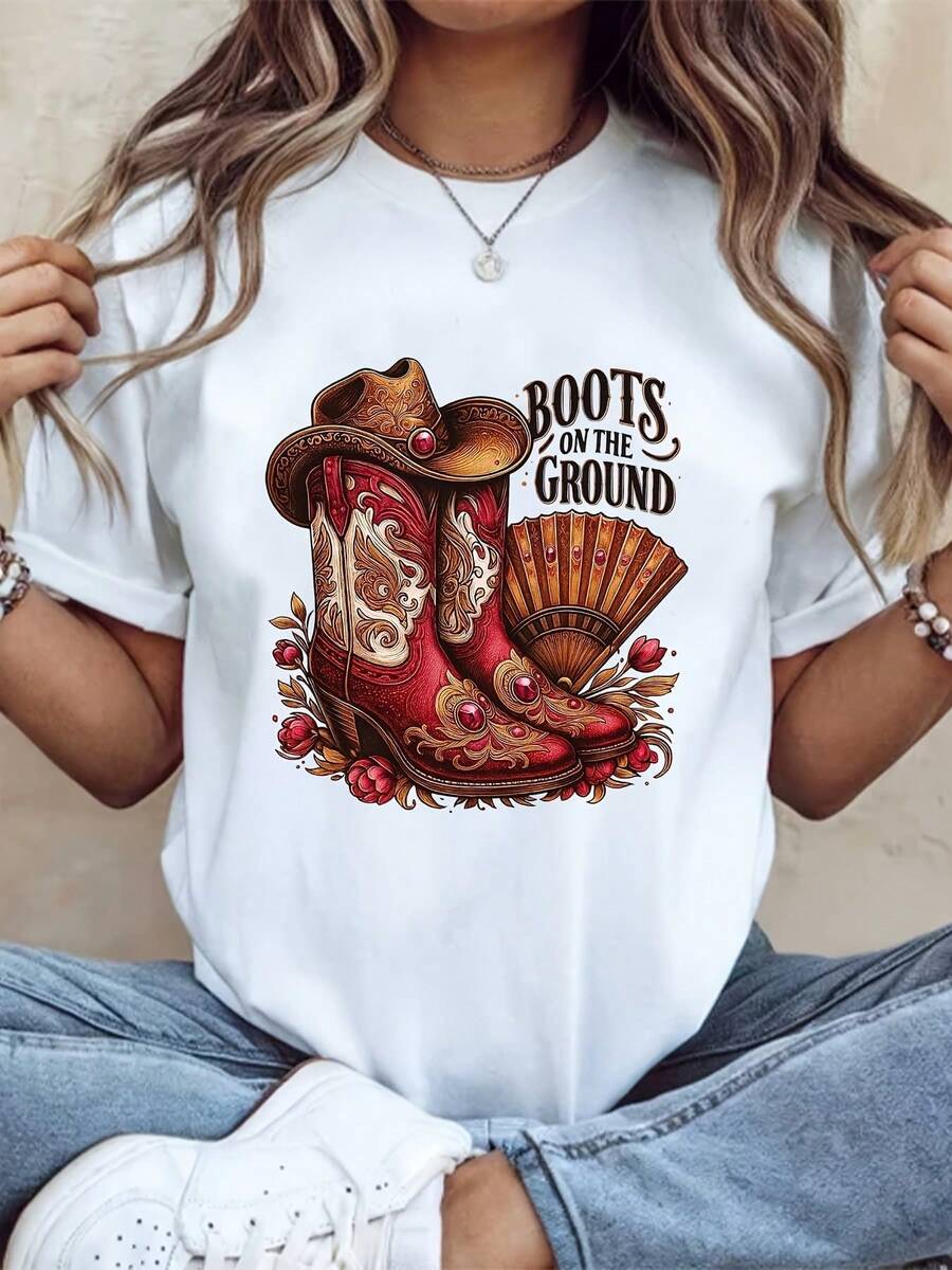 Boots On The Ground Print Oversized Cotton T-Shirt, Soft And Fashionable Casual Short-Sleeved Crew Neck Top, 220g