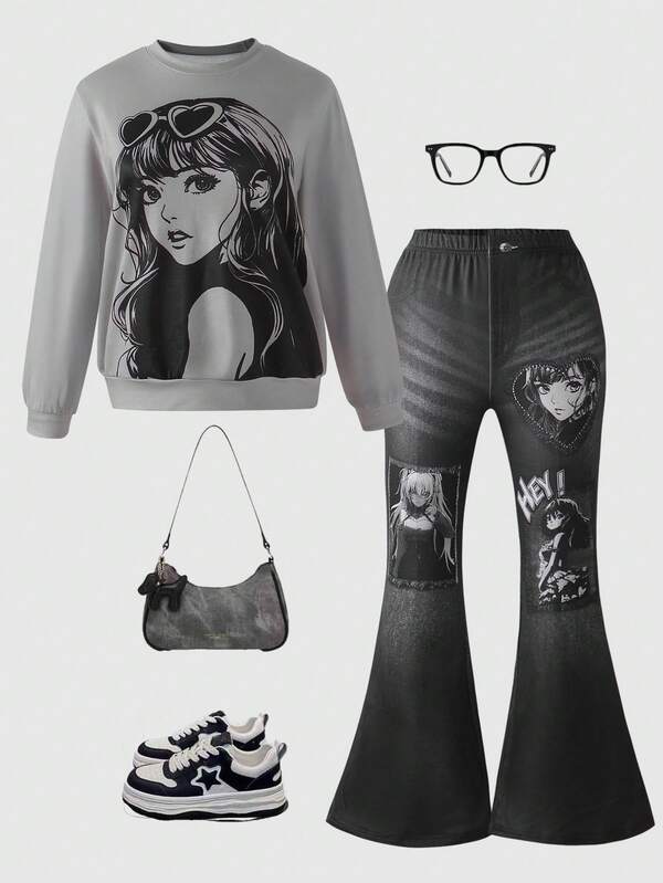 2 Stücke Mädchen Herbst/Winter Mode Rundhals Langarm Grau Platzierter Muster Top und Elastischer Bund Denim-Optik Muster Hose Set