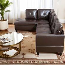 Conjunto de sofá seccional moderno en forma de L de 245 cm de ancho en marrón oscuro, chaise longue esquinero de cuero sintético con orientación a la izquierda, sofá cama modular de montaje sin herramientas, mueble multifuncional para sala de estar que ahorra espacio, ideal para apartamentos y oficinas. - Marrón - Ver 8