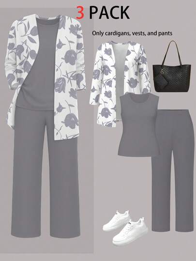 3 件大码女式休闲植物印花夹克 + 圆领无袖上衣 + 松紧腰直筒裤套装，通勤装，秋冬