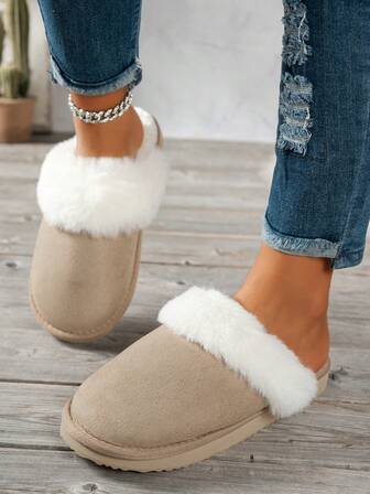 女士秋冬新款保暖防滑静音平底中跟毛绒拖鞋，简约休闲舒适一脚蹬室内家居拖鞋