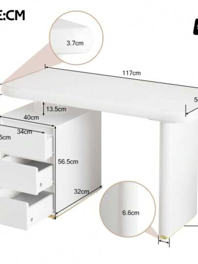 Moderne Bureau 117*50*74 Cm Wit Full Lacquer Finish, Cloud Shape, Drawers, Thickened Tabletop Legs, Rounded Curves, Stable Fully Lacquered, French view 2
