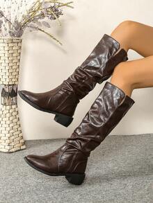 2025 Autumn/Winter New Brown Knee-High Boots For Women, Round Toe Leather Pleated Pull-On Knee Boots, Straight Tube Elegant Commuting Daily Versatile Fashion Boots, Brown Boots, Plus Size Women Shoes - Brown - View 2