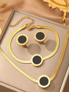 Elegant Roman Style Decorative Stainless Steel Jewelry Set For Women -4 Piece Set Fashion Autumn Collection With Necklace, Earrings And Bracelet