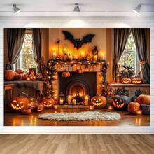 1 pieza/Tapiz de poliéster con bonito fondo de Halloween con calabazas aterradoras y murciélagos - Disponible en varios tamaños - Decoraciones colgantes de poliéster, para decorar en dormitorio, sala de estar, ventana, adecuado para fiesta de jardín, cabina fotográfica y celebración festiva, decoración de Halloween, decoración de fiesta temática - Multicolor - Ver 16