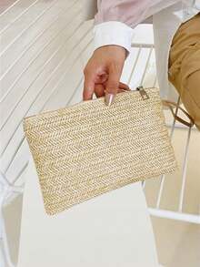 1 geantă elegantă de damă din paie țesută, cu închidere cu fermoar, poșetă în stil boho pentru plajă de vară, capacitate mare, perfectă pentru plajă sau ieșiri casual, pentru telefon, monede, depozitare chei