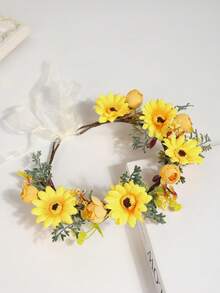 1pc Pink Rose Flower Bohemian Style Bridal Wedding Floral Headpiece, Hawaiian Outfit For Women, Hair Accessories, Crowns, Tiara, Costume Crown, Bride To Be, Valentines Accessories - 58712 Yellow - View 4