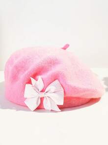 1 件女士彩色蝴蝶结花朵羊毛纯色贝雷帽，休闲百搭