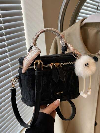 Fashionable Beige Retro PU Mini Handbag (With Love Scarf & Pendant Included), Bucket Bag, Square Box Bag, Elegant For Shopping