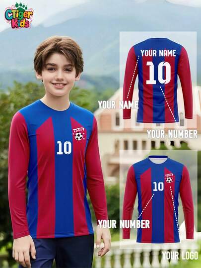 1 Stück CTiger Kinder Langarm Fußball Trainingstop - Personalisierter Name & Nummer Druck (Vorder-/Rückseite) - Rot & Blau vertikales Streifendesign - Schnelltrocknend atmungsaktiv Sportbekleidung - inspiriert für Fußball, Volleyball, Basketball, Lässig Kleidung, Halloween, Thanksgiving, Weihnachten und Neujahrsgeschenke