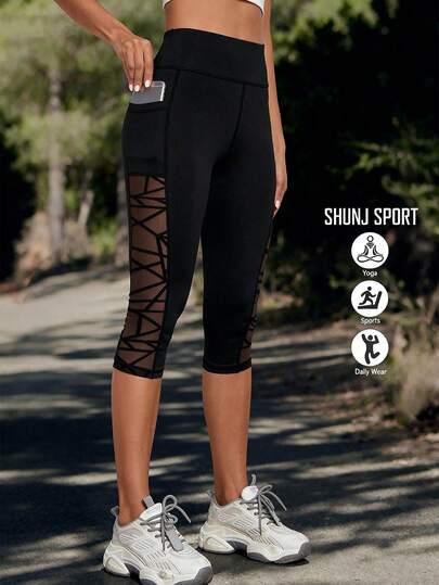 Women's Geometric Mesh Yoga Pants, Black Breathable Quick-Dry Running Workout Leggings, Outdoor Exercise Base Layer Capri Tights, Women's Mesh Patchwork Yoga Pants High Waist Sports Shorts, Women's Fitness Gym Autumn New Tight Pants With Pockets