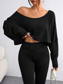Women's Casual Off-Shoulder Long-Sleeved T-Shirt With Elasticated Pure Color Top Suitable For Daily Spring Wear And Machine Washable Lining - Black - View 1