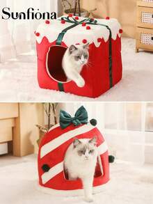 Casa acogedora para mascotas con cojines extraíbles y lavables - Cama para gatos y perros cálida y semi-cerrada para todas las estaciones, de tela suave y duradera, sin necesidad de montaje, diseño clásico de invierno con ribete rojo y blanco, madriguera acogedora para descanso y sueño en interiores, ideal para decoración navideña