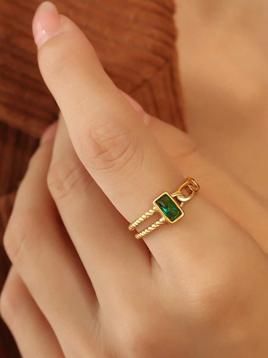 Anillo de acero inoxidable con cadena cubana asimétrica de doble capa, chapado en oro de 18K, con piedra de circonita cúbica cuadrada, para fiestas y uso diario, ajustable