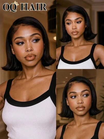 OQ Hair 7x5 Zip Zag Pre-Cut HD Lace 180% Density 10-14 Inch Tail Outward Turning Design Style Upgraded Straight Bob Wear And Go Glueless Lace Wigs Pre-Plucked Hairline Lace Front Wig Natural Color