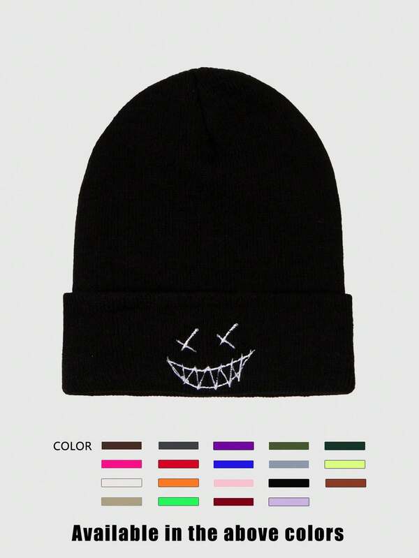 قبعة صوفية مطرزة بوجه شبح قطعة واحدة، قبعة صوفية عصرية متعددة الاستخدامات، بأسلوب Y2K مناسبة للشارع والحفلات والخريف/الشتاء للملابس الخارجية الشتوية
