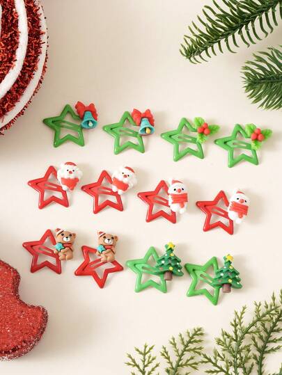12pcs/Set Women's Christmas Floral Hair Clips, Cute Cartoon Star Hair Clips For Bangs, Fashion Hair Accessories Suitable For Christmas Party And Gifts