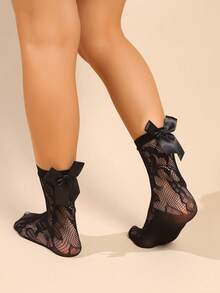 3 Pairs Bow Decor Short Socks Set, Women Thin Sexy Lace Hollow Out Ankle Socks, Fashionable Calf Socks