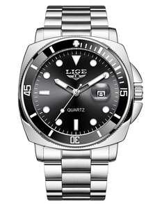 LIGE男士时尚休闲商务手表防水日期手表轻奢高端石英表 - 銀色 - 查看 15