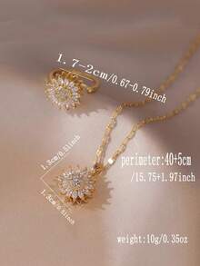 2 Peças Conjunto de Joias Femininas com Zircônia Cúbica Incrustada de Cobre, Girassol Rotativo, 1 Peça Colar + 1 Peça Anel, Tema Floral Requintado e Cintilante, Adicionando Toque Romântico e Luxuoso aos Looks