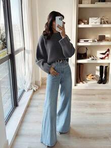 Women's Loose Fit Gray Round Neck Pullover Sweater, Casual For Autumn