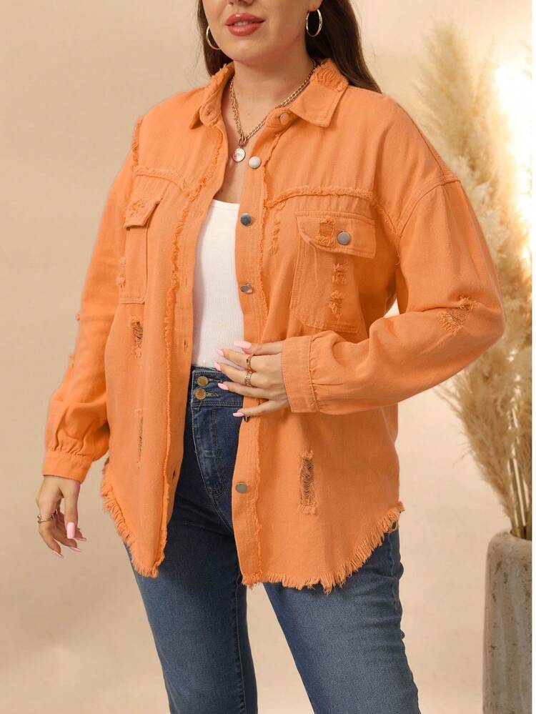 Plus Size Women's Distressed Denim Jacket, Frayed Hem, Button Front, Boyfriend Style Denim Outerwear, Western Cowgirl Shacket With Pockets Casual Spring - Coral Orange - View 3