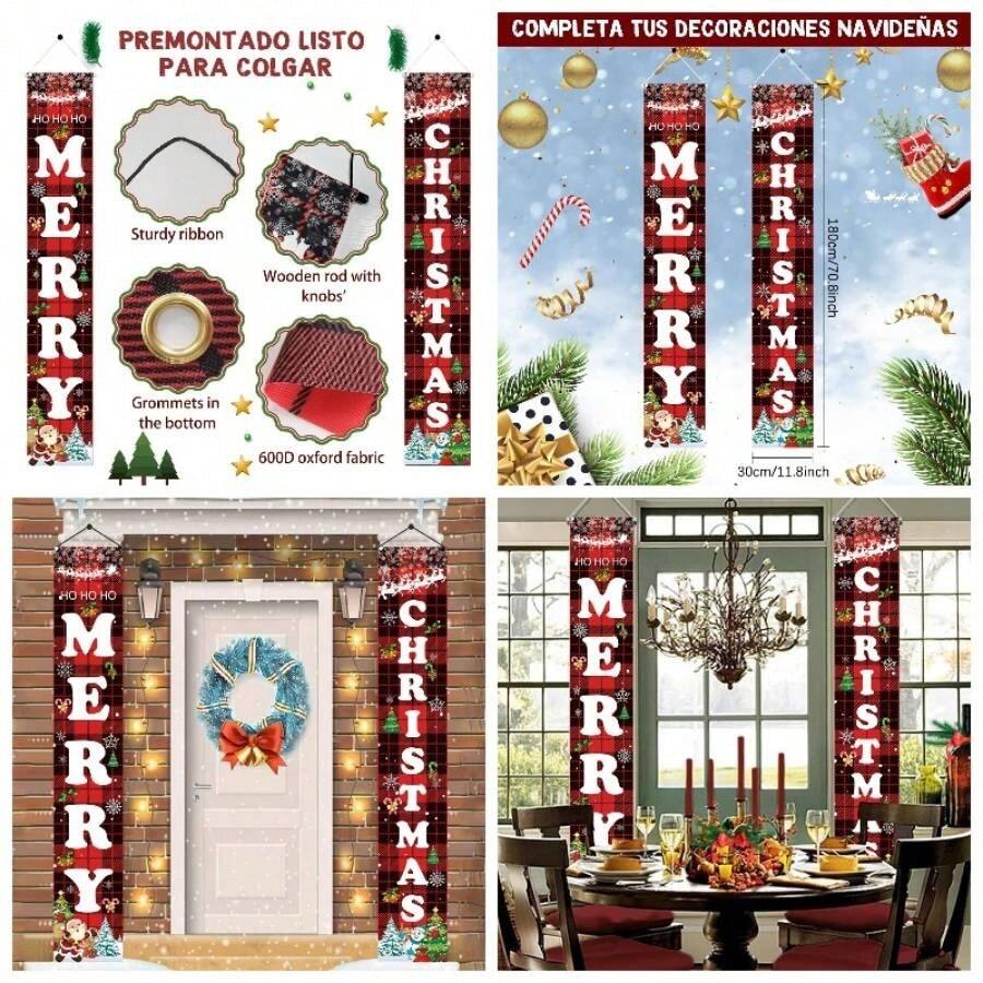 2 Pancartas de Adorno de Navidad Decoracion de Porche, Navideos Decoracion Exterior interior, Letreros para Porche Adornos Navidad Bandera de de jardn 180 * 30cm Merry Chrismas - Feliz navidad - Ver 1