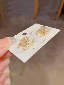 1 Pair Luxury Fully Rhinestone CC Monogram Geometric 925 Sterling Silver Stud Earrings, Suitable As Valentine's Day Gift For Goddess