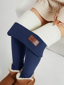 Women's High-Waisted Winter Warm Thickened Leggings - Full-Length Solid Black/Deep Blue/Navy/Gray/Charcoal - High-Waisted Stretchy Workout Pants With Beltless Design & Smooth Texture For Gym, Yoga Pants - 藏青色 - 查看 8