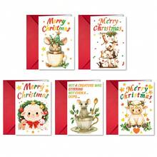 Zestaw 5 uroczych, kreskówkowych kartek świątecznych z kopertami