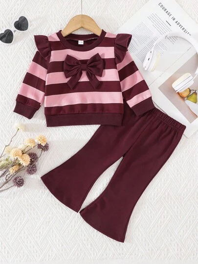 2 件套女婴休闲简约春秋新款条纹圆领长袖蝴蝶结装饰上衣和纯色喇叭裤套装
