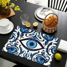 4 Greek Matimatakiya Evil Eye Placemats - Blue And White Linen Table Mats, 12x18inch Complex Eye Patterns, Suitable For Dining Tables, Kitchens, Parties And Holiday Decorations, Mediterranean Style, Textured Surface, Exquisitely Crafted Tableware, Non-Slip Placemats, Holiday Decorations, Banquet Table Arrangements - Nhiều màu - Xem 7