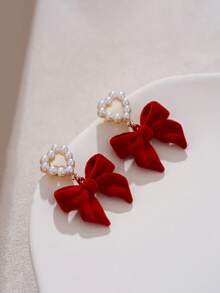 1pair Faux Pearl & Bowknot Decor Clip-On Earrings Suitable For Daily Wearing Valentines